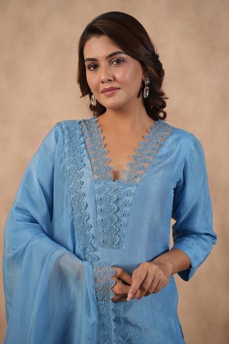 Masoomm_Blue Silk, Cotton, Organza Lace V-neck Embroidered Kurta Set _at_Aza_Fashions