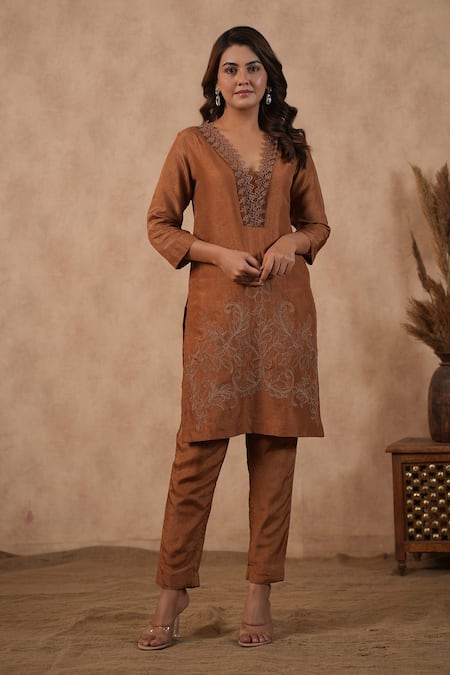 Masoomm_Brown Silk, Cotton, Organza Lace V-neck Embroidered Kurta Set _Online_at_Aza_Fashions