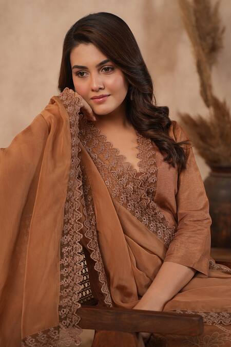 Shop_Masoomm_Brown Silk, Cotton, Organza Lace V-neck Embroidered Kurta Set _Online_at_Aza_Fashions