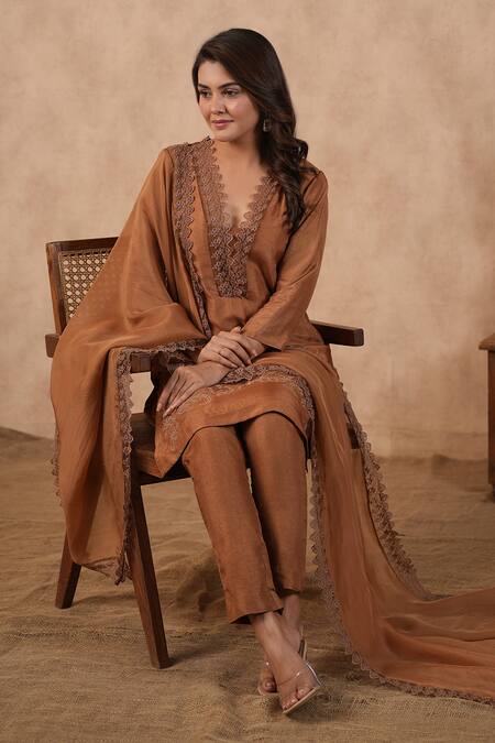 Masoomm_Brown Silk, Cotton, Organza Lace V-neck Embroidered Kurta Set _at_Aza_Fashions