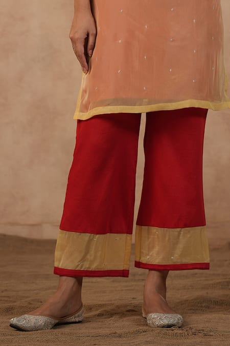 Masoomm_Peach Organza, Cotton Embroidery V-neck Red Kurta Set _Online_at_Aza_Fashions
