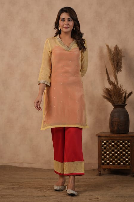 Buy_Masoomm_Peach Organza, Cotton Embroidery V-neck Red Kurta Set _Online_at_Aza_Fashions