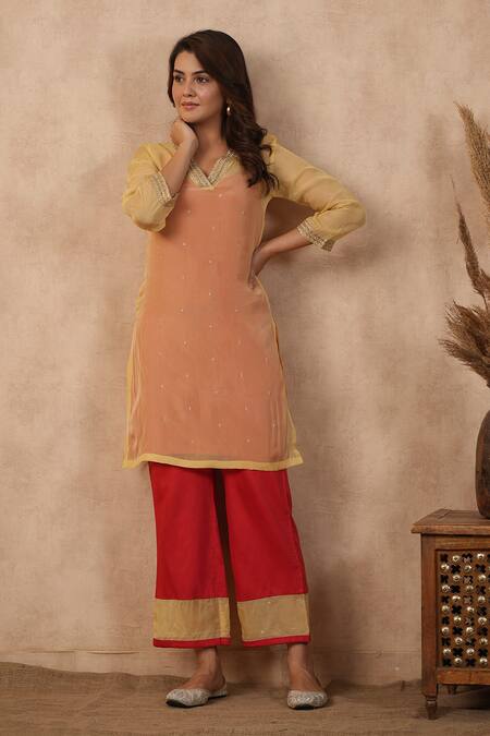 Masoomm_Peach Organza, Cotton Embroidery V-neck Red Kurta Set _at_Aza_Fashions