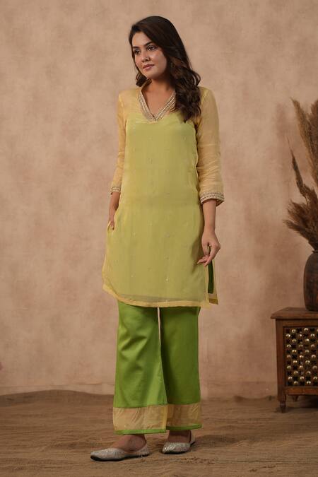 Masoomm_Yellow Organza, Cotton V-neck Green Embroidered Kurta Set _Online_at_Aza_Fashions