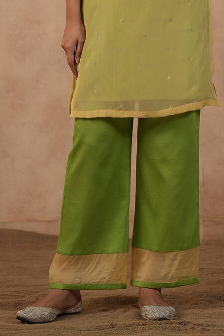Buy_Masoomm_Yellow Organza, Cotton V-neck Green Embroidered Kurta Set _Online_at_Aza_Fashions