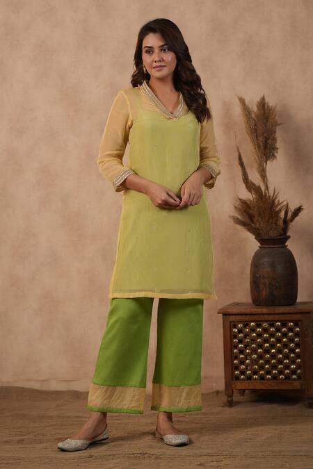 Shop_Masoomm_Yellow Organza, Cotton V-neck Green Embroidered Kurta Set _Online_at_Aza_Fashions