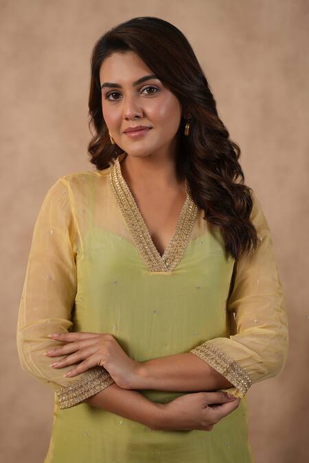 Masoomm_Yellow Organza, Cotton V-neck Green Embroidered Kurta Set _at_Aza_Fashions