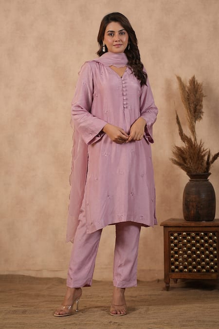 Shop_Masoomm_Lilac Silk, Cotton, Organza Embroidery V-neck Monochromatic Kurta Set _Online_at_Aza_Fashions