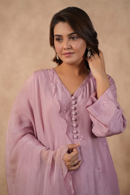 Masoomm_Lilac Silk, Cotton, Organza Embroidery V-neck Monochromatic Kurta Set _at_Aza_Fashions