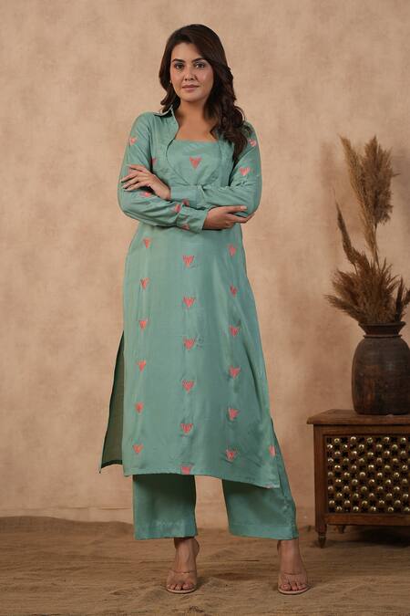 Masoomm_Green Embroidery Collared Floral Kurta Set _Online_at_Aza_Fashions