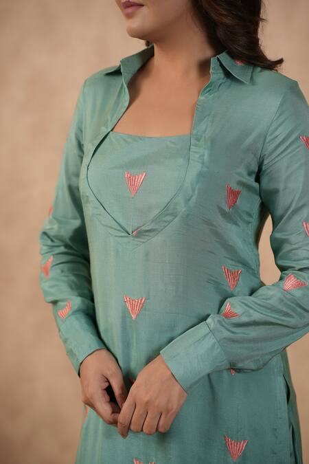 Shop_Masoomm_Green Embroidery Collared Floral Kurta Set _Online_at_Aza_Fashions