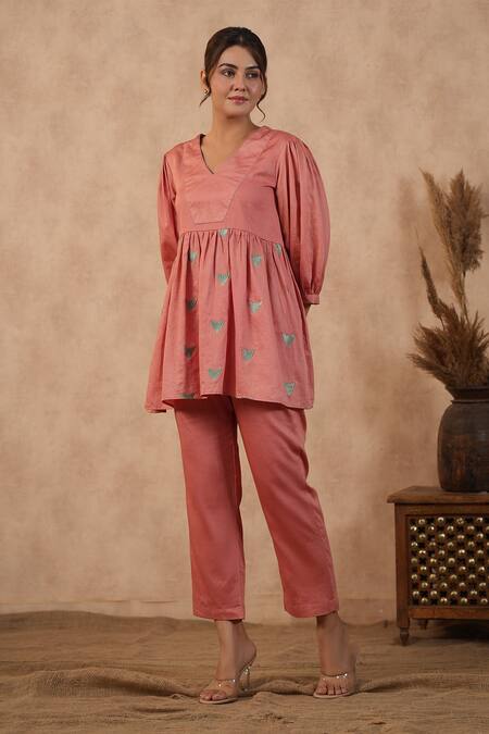Buy_Masoomm_Pink Embroidery V-neck Floral Rose Coord Set _Online_at_Aza_Fashions