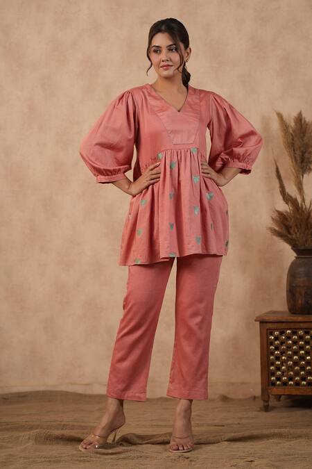 Shop_Masoomm_Pink Embroidery V-neck Floral Rose Coord Set _Online_at_Aza_Fashions