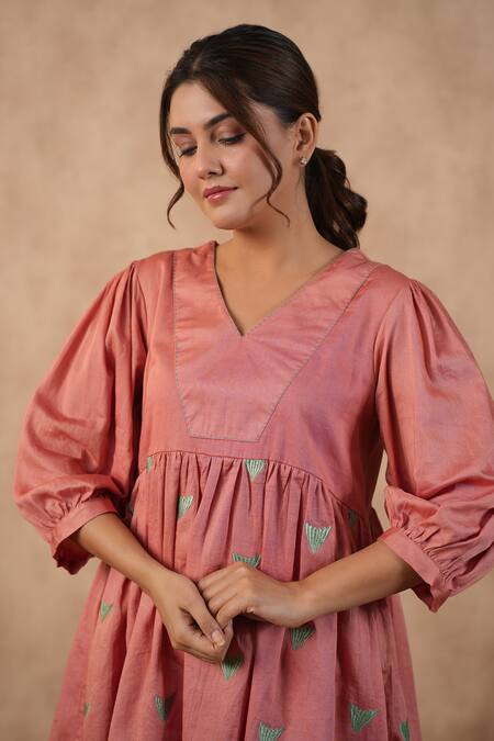 Masoomm_Pink Embroidery V-neck Floral Rose Coord Set _at_Aza_Fashions