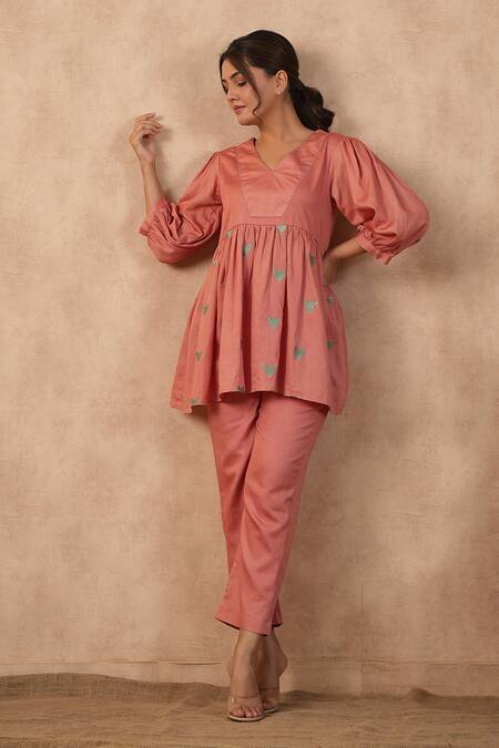 Buy_Masoomm_Pink Embroidery V-neck Floral Rose Coord Set 