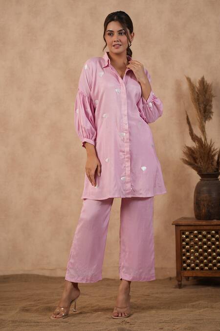 Shop_Masoomm_Pink Cotton Embroidery Collared Floral Coord Set _Online_at_Aza_Fashions