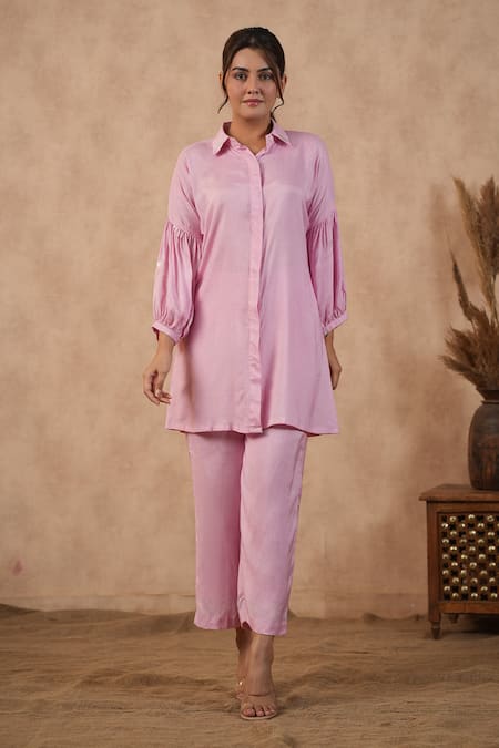 Buy_Masoomm_Pink Cotton Embroidery Collared Floral Kurta Set _Online_at_Aza_Fashions