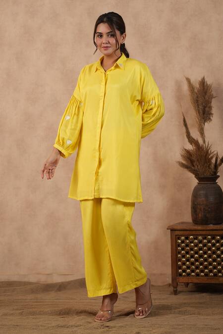 Masoomm_Yellow Cotton Embroidery Collared Floral Coord Set _Online_at_Aza_Fashions