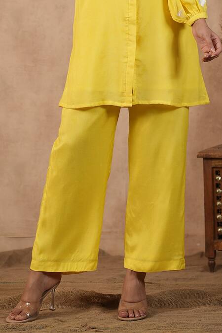 Buy_Masoomm_Yellow Cotton Embroidery Collared Floral Coord Set _Online_at_Aza_Fashions