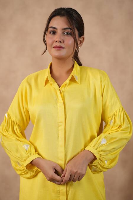 Shop_Masoomm_Yellow Cotton Embroidery Collared Floral Coord Set _Online_at_Aza_Fashions