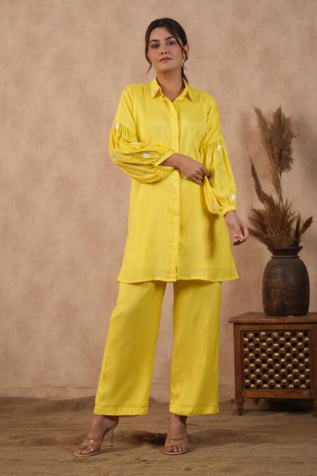 Masoomm_Yellow Cotton Embroidery Collared Floral Coord Set _at_Aza_Fashions