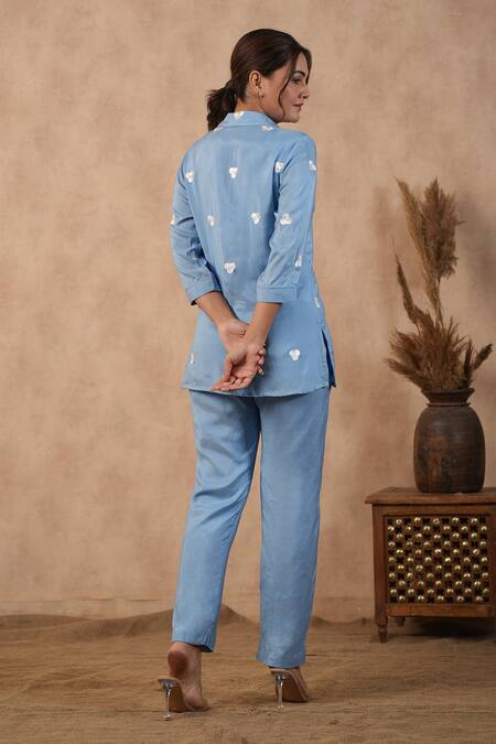Shop_Masoomm_Blue Cotton Embroidery Collared Coord Set _at_Aza_Fashions