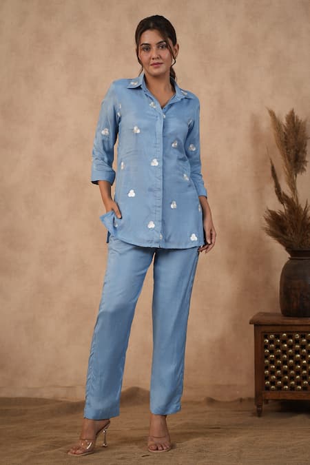 Shop_Masoomm_Blue Cotton Embroidery Collared Coord Set _Online_at_Aza_Fashions