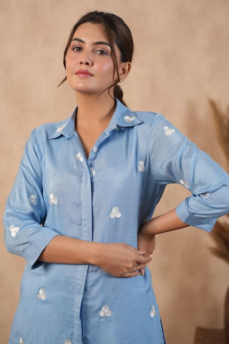 Masoomm_Blue Cotton Embroidery Collared Coord Set _at_Aza_Fashions
