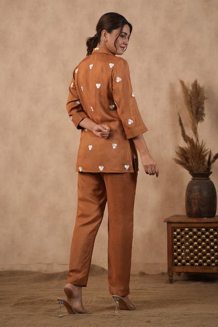Shop_Masoomm_Blue Cotton, Satin Embroidery Collared Brown Coord Set _at_Aza_Fashions