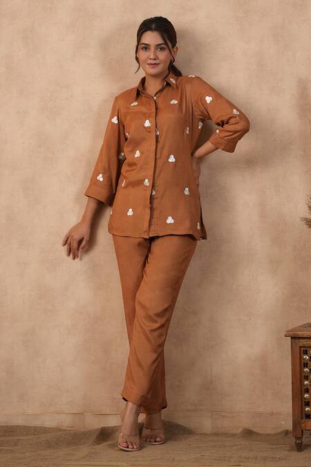 Buy_Masoomm_Blue Cotton, Satin Embroidery Collared Brown Coord Set _Online_at_Aza_Fashions