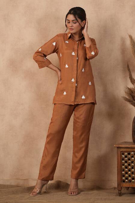 Shop_Masoomm_Blue Cotton, Satin Embroidery Collared Brown Coord Set _Online_at_Aza_Fashions