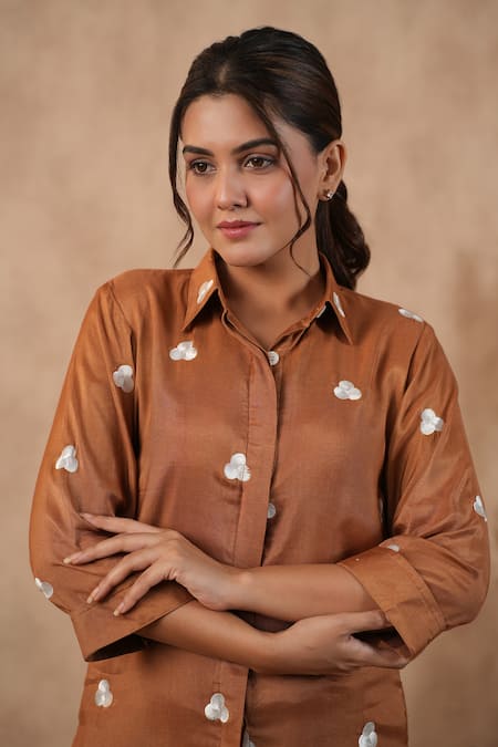 Masoomm_Blue Cotton, Satin Embroidery Collared Brown Coord Set _at_Aza_Fashions