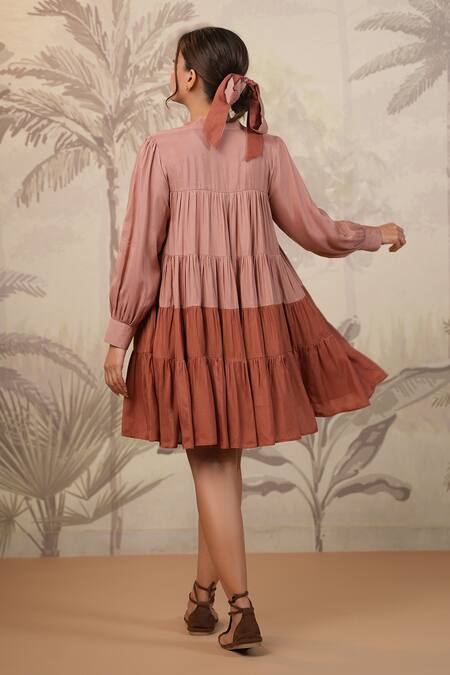 Shop_Masoomm_Rose Gold Cotton V-neck Pink Tiered Dress _at_Aza_Fashions