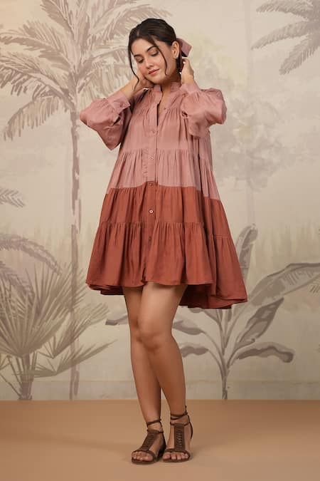 Shop_Masoomm_Rose Gold Cotton V-neck Pink Tiered Dress _Online_at_Aza_Fashions