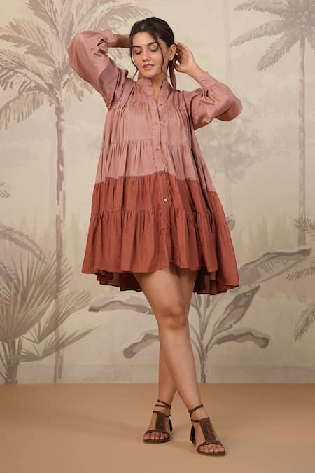 Masoomm_Rose Gold Cotton V-neck Pink Tiered Dress _at_Aza_Fashions