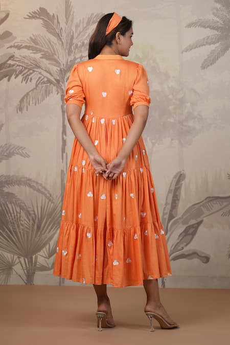 Shop_Masoomm_Orange Cotton Embroidery V-neck Full Flared Dress _at_Aza_Fashions