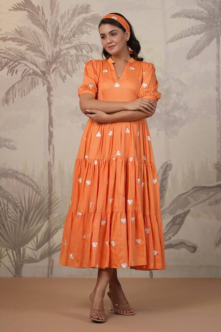 Masoomm_Orange Cotton Embroidery V-neck Full Flared Dress _Online_at_Aza_Fashions