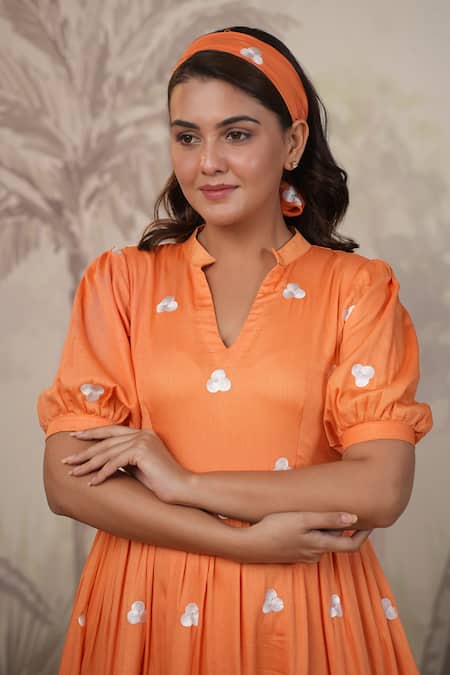 Buy_Masoomm_Orange Cotton Embroidery V-neck Full Flared Dress _Online_at_Aza_Fashions