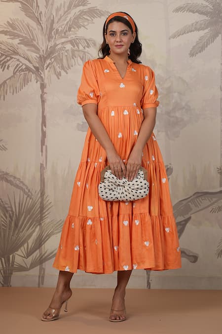 Shop_Masoomm_Orange Cotton Embroidery V-neck Full Flared Dress _Online_at_Aza_Fashions