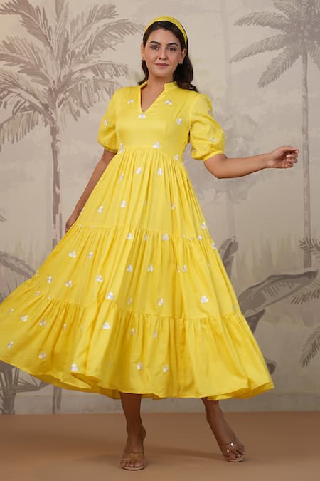 Masoomm_Yellow Cotton Embroidery V-neck Flared Midi Dress _Online_at_Aza_Fashions