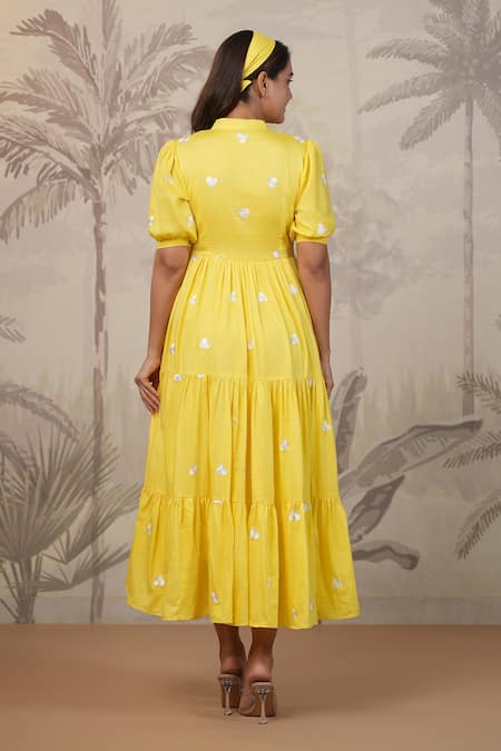 Shop_Masoomm_Yellow Cotton Embroidery V-neck Flared Midi Dress _at_Aza_Fashions