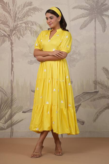 Buy_Masoomm_Yellow Cotton Embroidery V-neck Flared Midi Dress _Online_at_Aza_Fashions