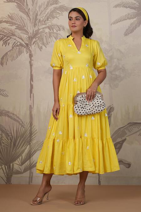 Masoomm_Yellow Cotton Embroidery V-neck Flared Midi Dress _at_Aza_Fashions