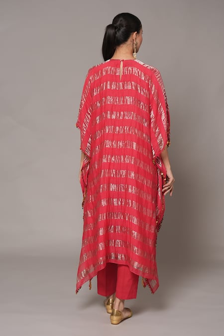 Joy Mitra_Pink Chanderi, Tissue, Cotton Round Neck Jasper Hand Embroidered Kaftan Set _Online_at_Aza_Fashions
