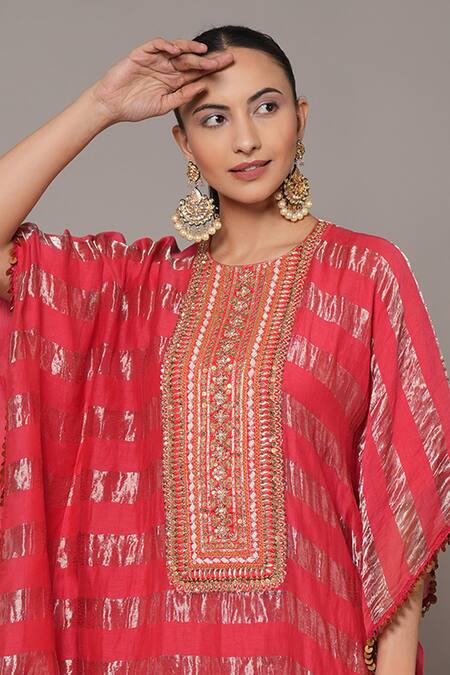 Buy Joy Mitra Pink Chanderi, Tissue, Cotton Round Neck Jasper Hand Embroidered Kaftan Set Online at Aza Fashions Buy_Joy Mitra_Pink Chanderi, Tissue, Cotton Round Neck Jasper Hand Embroidered Kaftan Set _Online_at_Aza_Fashions