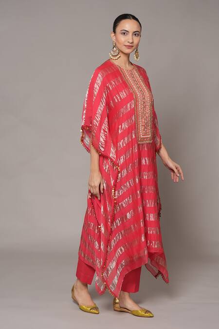 Joy Mitra_Pink Chanderi, Tissue, Cotton Round Neck Jasper Hand Embroidered Kaftan Set _at_Aza_Fashions