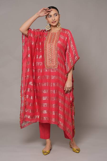Buy_Joy Mitra_Pink Chanderi, Tissue, Cotton Round Neck Jasper Hand Embroidered Kaftan Set 