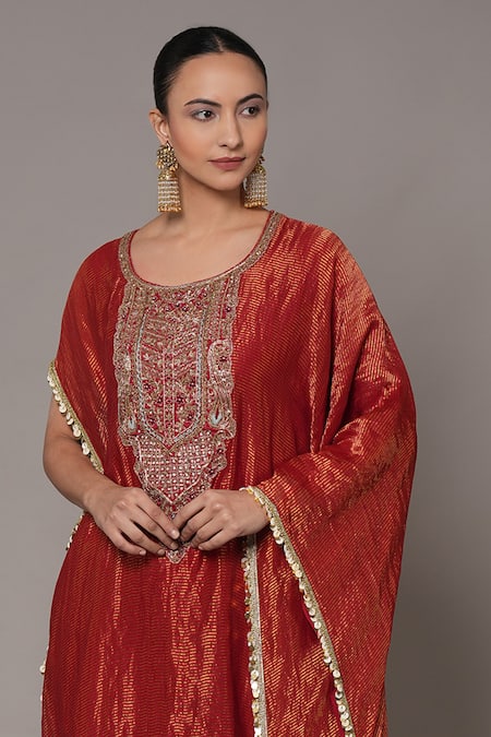 Buy Joy Mitra Red Chanderi, Tissue, Cotton Embroidery Round Neck Old Brick Hand Kaftan Set Buy_Joy Mitra_Red Chanderi, Tissue, Cotton Embroidery Round Neck Old Brick Hand Kaftan Set