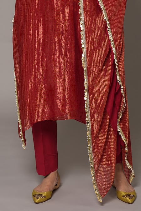 Shop Joy Mitra Red Chanderi, Tissue, Cotton Embroidery Round Neck Old Brick Hand Kaftan Set Shop_Joy Mitra_Red Chanderi, Tissue, Cotton Embroidery Round Neck Old Brick Hand Kaftan Set