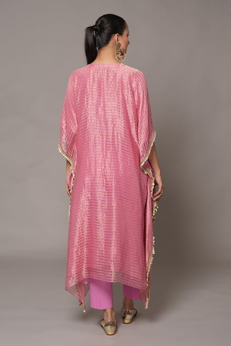 Joy Mitra_Pink Chanderi, Tissue, Cotton Embroidery Round Neck Deep Blush Hand Kaftan Set _Online_at_Aza_Fashions